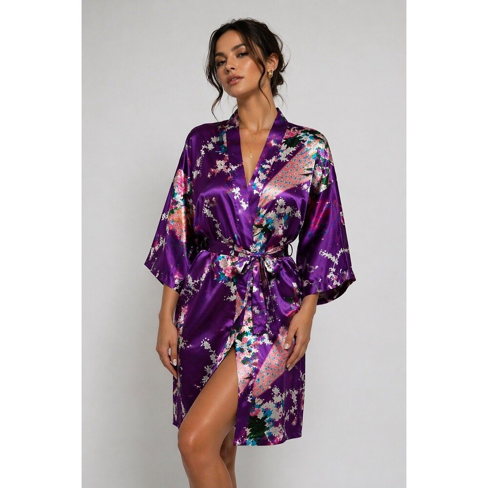 Oriental Village Silk Collection Purple Peacock Floral Kimono Robe